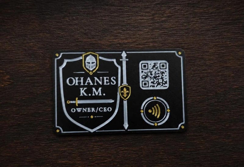 Custom medieval-style Kayem.co business card with a knight shield, sword, QR code, and tap symbol