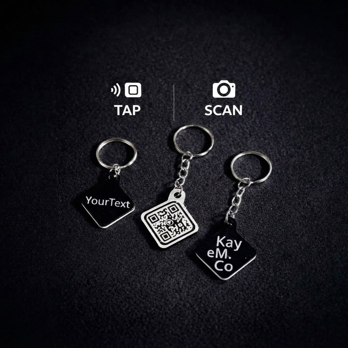 Three handmade Kayem.co keychains on dark fabric, showing a custom text tag, a QR code tag, and the KayEmCo logo tag below tap and scan icons