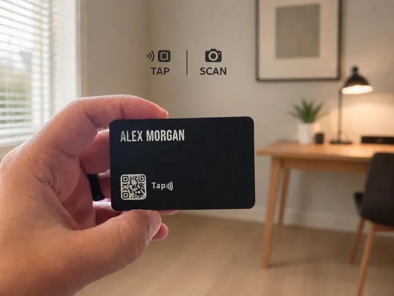 A hand holding a black Kayem.co smart business card engraved with a name and a QR code, below tap and scan icons