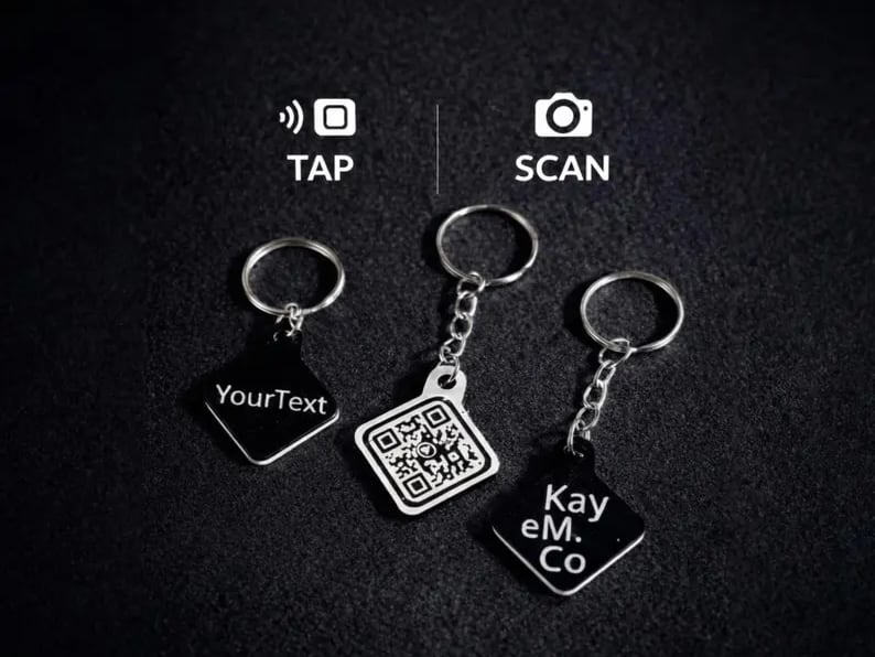 Three black Kayem.co keychains with custom text, a QR code, and a logo, below tap and scan icons