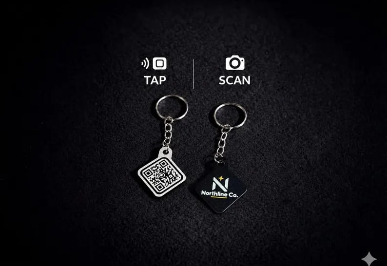 Two black Kayem.co keychains, one with a QR code and one printed with a company logo, below tap and scan icons