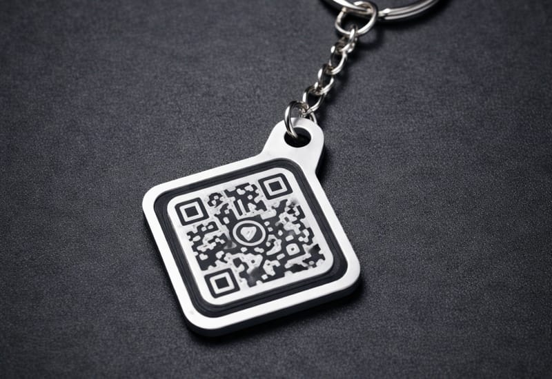 Compact handmade Kayem.co QR code keychain with silver ring and chain on dark fabric