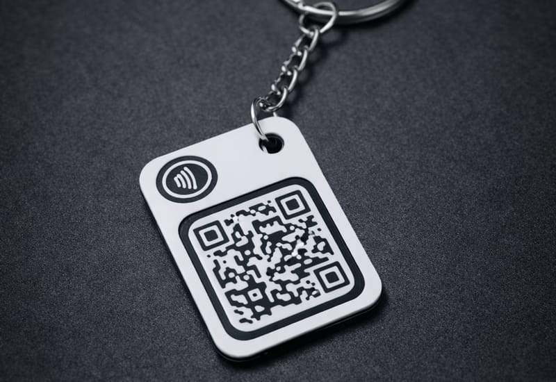 Large handmade Kayem.co keychain with QR code and NFC tap symbol on dark fabric