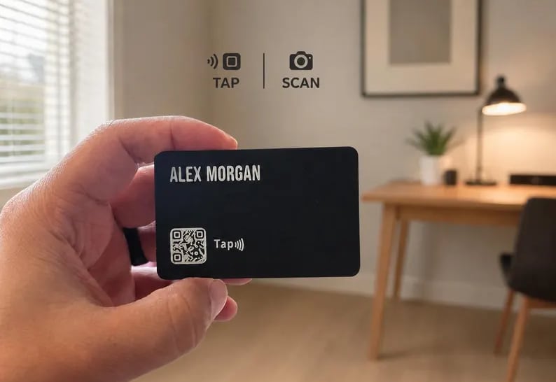 A hand holding a black Kayem.co smart business card engraved with a name and a QR code