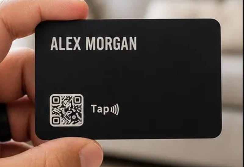 Hand holding a black Kayem.co smart business card with an engraved name, a QR code, and a tap symbol